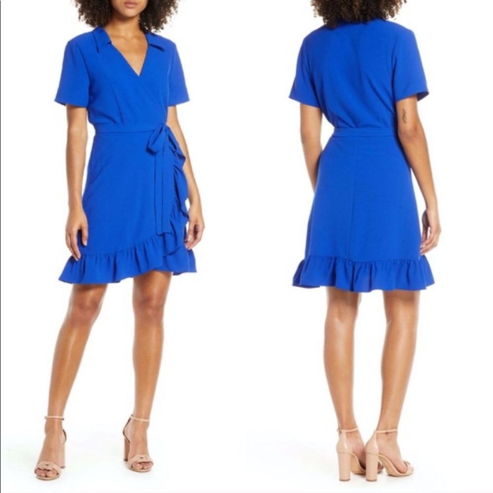 CHARLES HENRY Ruffle Wrap Dress Blue Size XSmall Petite NWT